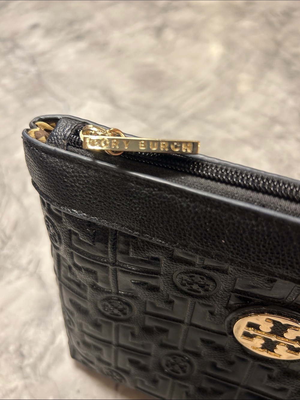 Tory Burch Black embossed leather Logo Pouch with Gold Tory Burch logo Accent. - Picture 3 of 12